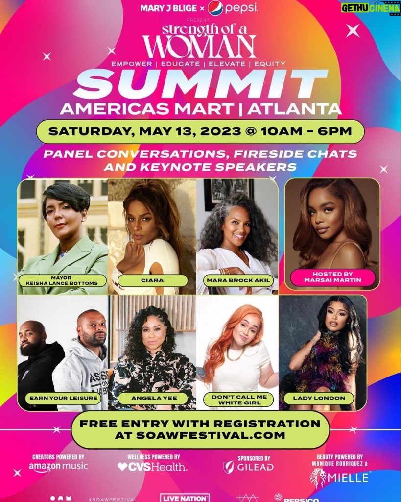 Mary J. Blige Instagram - Pull up on meeeeeeee!!!! I’m so excited to announce the @strengthofawomanfest summit, hosted by @marsaimartin and this incredible line up of game changing women and men! Join us for panel conversations, fireside chats, an Earn Your Leisure live podcast, and @iyanlavanzant closing out the day with a message on the Strength of a Woman. Tickets are free with registration at soawfestival.com or click the 🔗 in my bio along with free food and beverages provided by @pepsi x @pepsidigin #soaw2023