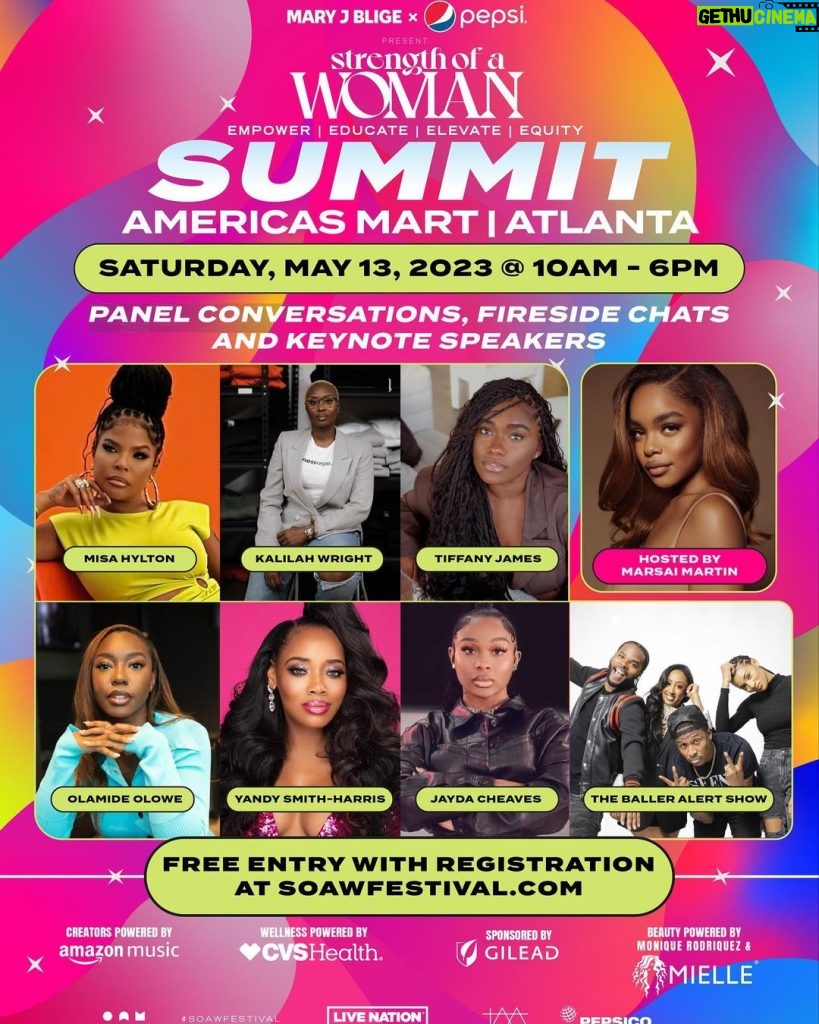 Mary J. Blige Instagram - Pull up on meeeeeeee!!!! I’m so excited to announce the @strengthofawomanfest summit, hosted by @marsaimartin and this incredible line up of game changing women and men! Join us for panel conversations, fireside chats, an Earn Your Leisure live podcast, and @iyanlavanzant closing out the day with a message on the Strength of a Woman. Tickets are free with registration at soawfestival.com or click the 🔗 in my bio along with free food and beverages provided by @pepsi x @pepsidigin #soaw2023