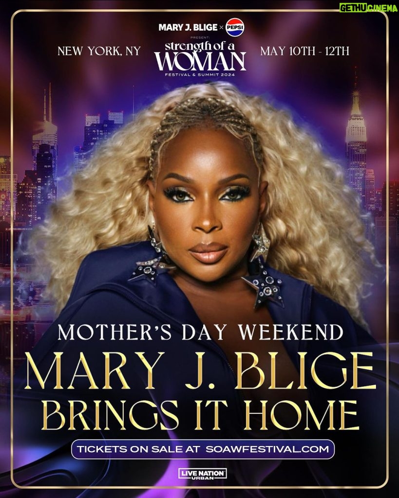 Mary J. Blige Instagram - Good Morning NYC! We’re proud to present the 2024 Strength of a Woman Festival and Summit in partnership with @livenationurban . Our purpose is to empower, educate and elevate on May 10-12, Mother’s Day Weekend in New York, NY for the first time. I can’t wait to see you there! Presale tickets available at 10AM ET with code STRENGTH. 🔗 in bio.