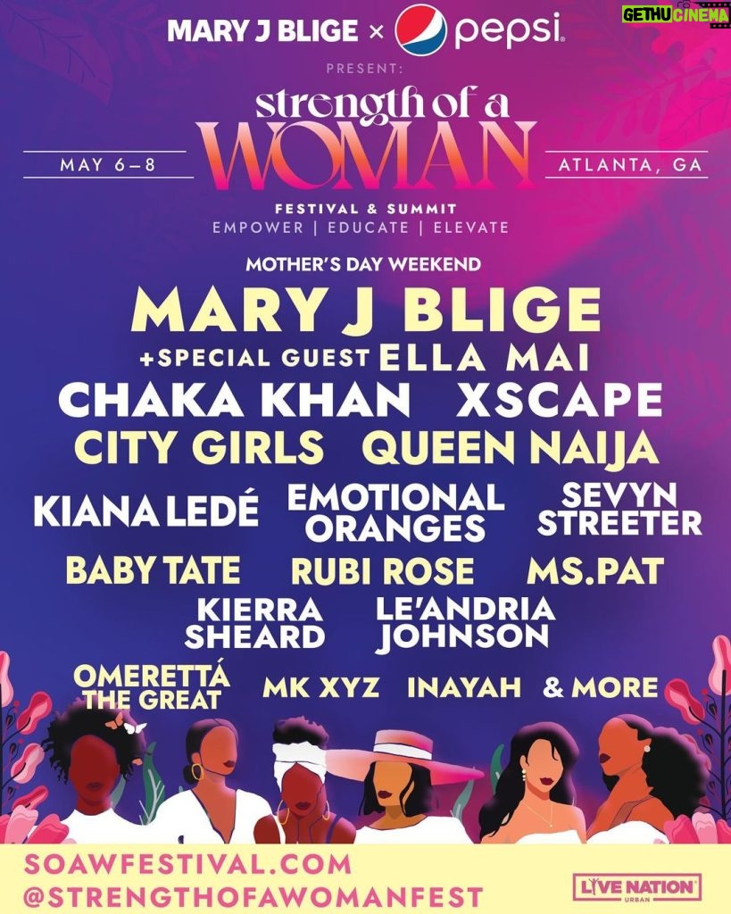 Mary J. Blige Instagram - Good Morning Gorgeous! Welcome to the inauguration, the beginning, the debut. Yours Truly and @pepsi present the Strength of a Woman Festival and Summit 2022 in partnership with @livenationurban . Our purpose is to empower, educate and elevate on May 6-8, Mother’s Day Weekend in Atlanta, Georgia. I can’t wait to see you there!   The presale goes live this Tuesday at 10AM EST.  🔗 in bio. soawfestival.com @strengthofawomanfest
