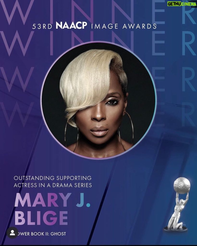 Mary J. Blige Instagram - Thank you @naacpimageawards for your years of love and support! Thank you to everyone who voted!! Your love and support means a lot. Thank you @courtneyakemp & @50cent for this amazing opportunity! Thank you #JeffHirsch & everyone at @starz. The amazing cast, crew, EP’s & everyone at of @ghoststarz!! #TeamMJB #MonetTejada