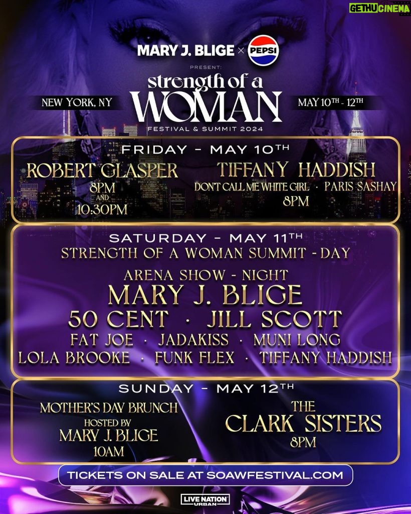 Mary J. Blige Instagram - Good Morning NYC! We’re proud to present the 2024 Strength of a Woman Festival and Summit in partnership with @livenationurban . Our purpose is to empower, educate and elevate on May 10-12, Mother’s Day Weekend in New York, NY for the first time. I can’t wait to see you there! Presale tickets available at 10AM ET with code STRENGTH. 🔗 in bio.