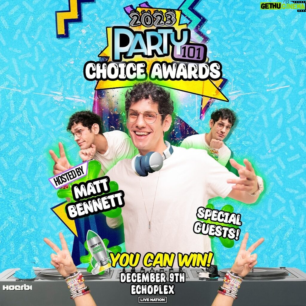 Matt Bennett Instagram - The Party 101 Choice Awards are getting even WILDER moving from a Friday to a Saturday night! We’ll be having the awards December 9th at the Echoplex! I saw Green Day AND The Rolling Stones play here so you know it will be extra special. All tickets will be honored. See you there! Echoplex, Los Angeles