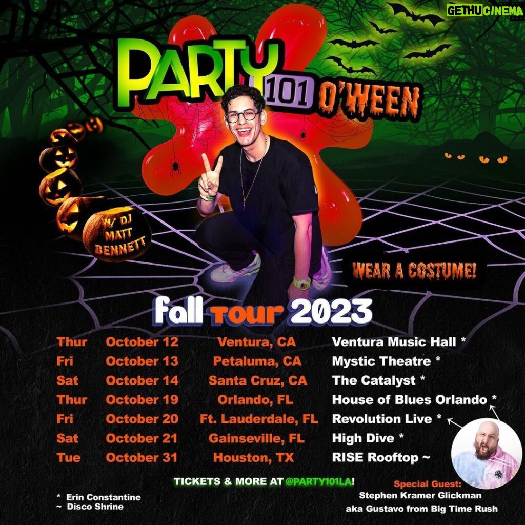 Matt Bennett Instagram - SPOOKY! October is almost upon this! All month long we’ll be celebrating the witching season with the first ever Party 101 O’Ween! What does this mean? Basically just that I’ll be wearing a different costume every show. And you should too! We also have some secret guests coming out along the way. Florida in particular, get ready, because we have Stephen Kramer Glickman @stephenglickman joining us for a special set of BTR throwbacks! It’s going to be wickedly good, tix still available, jump on your broomsticks and head to party101.club for more info! House of Blues Orlando