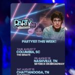Matt Bennett Instagram – South Carolina! Tennessee! See this weekend! #party101 Skydeck on Broadway