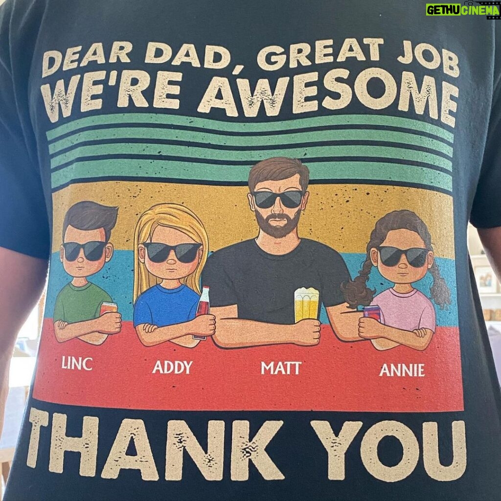 Matt Carriker Instagram - I’m both thankful I have a great dad and thankful I have great kids on this Fathers Day! You dads have a great day, you earned it, mow some grass and drink some beer for me! PS: They got me this sick shirt so I wore it to church today. ANNNND I got the kids @heatwavevisual shades and now they all look like street racers. #winning Texas