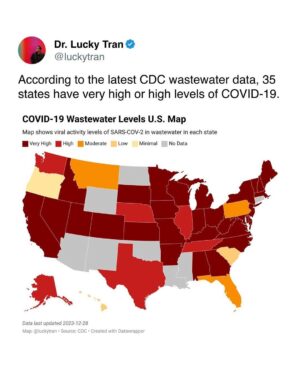 Matt McGorry Instagram - Repost @luckytran
・・・
“According to the latest CDC COVID-19 wastewater data, we are currently in the second-biggest surge of the pandemic. 35 states have very high or high levels of COVID-19.

The surge will peak in the next week, with ~2 million infections per day. During this surge, ~100 million people total (~1 in 3 people in the US) will likely get COVID.

If you are sick, please stay home if you can. If you have to go into work, please wear an N95 mask to protect others. If you are an employer or political leader, please increase paid sick days.

And the reality is that because many people attended large unmasked events over the holidays, and we are in a big surge of COVID cases, now is one of the most important times of the year to wear a mask.

Wastewater data suggests there was a 50%+ chance you encountered someone with COVID if you attended an event with 20+ people over the holidays.

You can transmit COVID before you develop symptoms, so now is a good time to wear a mask to protect others, and also yourself (if you were lucky enough to avoid infection over the holidays).

Start the new year by staying safe and healthy by following the science and taking a few simple precautions like getting vaccinated, wearing a mask, testing, and staying home when you are sick!

#health #holidays #newyear #science #medicine #celebration “