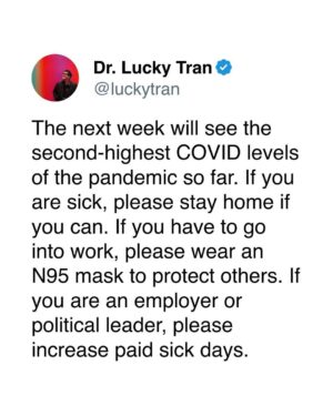 Matt McGorry Instagram - Repost @luckytran
・・・
“According to the latest CDC COVID-19 wastewater data, we are currently in the second-biggest surge of the pandemic. 35 states have very high or high levels of COVID-19.

The surge will peak in the next week, with ~2 million infections per day. During this surge, ~100 million people total (~1 in 3 people in the US) will likely get COVID.

If you are sick, please stay home if you can. If you have to go into work, please wear an N95 mask to protect others. If you are an employer or political leader, please increase paid sick days.

And the reality is that because many people attended large unmasked events over the holidays, and we are in a big surge of COVID cases, now is one of the most important times of the year to wear a mask.

Wastewater data suggests there was a 50%+ chance you encountered someone with COVID if you attended an event with 20+ people over the holidays.

You can transmit COVID before you develop symptoms, so now is a good time to wear a mask to protect others, and also yourself (if you were lucky enough to avoid infection over the holidays).

Start the new year by staying safe and healthy by following the science and taking a few simple precautions like getting vaccinated, wearing a mask, testing, and staying home when you are sick!

#health #holidays #newyear #science #medicine #celebration “