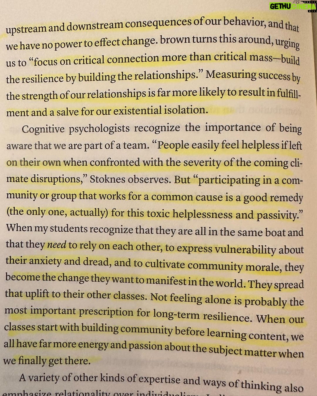Matt McGorry Instagram - "A Field Guide to Climate Anxiety" by @sarahjaquetteray Deeply grateful for the wisdom within this book. If you're feeling hopeless and burned out because of climate change, I can't recommend this book enough. "Cognitive psychologists recognize the importance of being aware that we are part of a team. 'People easily feel helpless if left on their own when confronted with the severity of the coming climate disruptions,' Stoknes observes. But 'participating in a community or group that works for a common cause is a good remedy (the only one, actually) for this toxic helplessness and passivity.' When my students recognize that they are all in the same boat and that they *need* to rely on each other, to express vulnerability about their anxiety and dread, and to cultivate community morale, they become the change they want to manifest in the world. They spread that uplift to other classes. Not feeling alone is probably the most important prescription for long-term resilience. When our classes start with building community before learning content, we all have far more energy and passion about the subject matter when we finally get there... Practice green consumerism because it feels right- because you *wish* to- not because you'll feel guilty if you don't. Don't let green consumerism make you complacent. When you limit your arena of social change to what you buy or don't buy, you can lull yourself into thinking that's enough. Remember that the pollution and resource costs of a pen pale in comparison to the impacts of industries. Although we wield power as consumers, we have greater impact as citizens, community members, and social-change agents who can do much more than not buy plastic cutlery or pens. I find myself responding resentfully to environmental messages that ask me to feel guilty. Kimmerer's non-built based pathos helped me overcome my own affective dissonance with respect to guilt. That is the model we should use in encourage others to become climate activists. 'Make justice and liberation feel good,' insisnts adrienne maree brown. Humans will come back over and over again to feel pleasure.'" My Booklist: bit.ly/mcgreads (link in bio) #McGReads