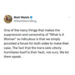 Matt Walsh Instagram - Twitter has now chosen a side and declared that one side is not only wrong but shouldn't even be heard. This is of course the position of every Big Tech platform on this issue. We hoped Twitter would be different. Today it seems like we were wrong.