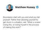 Matthew Hussey Instagram - When we like someone, we're often so afraid of losing them that we let our boundaries slip and slide. We will willingly stay in a situation that's not going anywhere for months or even years . . . all in the name of connection—holding on tightly to the hope of how great things could be. As we all know, extricating yourself from a situation gets harder and harder over time. In truth, the writing is usually on the wall from the beginning, and how you respond to it in the early stages will set the tone for the kind of treatment you are willing to tolerate. When you think you might be seeing warning signs or amber flags, there are three specific steps you can take: Step 1: Communicate that what they're doing is in breach of your standard. Step 2: Decide (with yourself) how much time you are willing to gamble while waiting for that behavior to improve. Step 3: Stick to that time frame and hold firm to your boundary. By keeping that promise to yourself and sticking to your timeline, you are both communicating an important message to yourself and saving yourself a lot of potential pain and regret down the road.