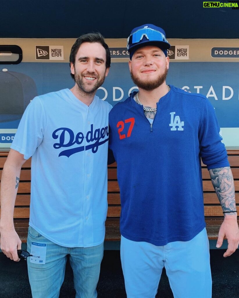 Matthew Lewis Instagram - Just my luck the @dodgers would pull off a comeback like tonight the day AFTER I go to the game. Still, this is me pointing at @cody_bellinger’s helmet because I’m cool and also me very happy to be next to tonight’s game winner @dugie11. Thanks for having me!
