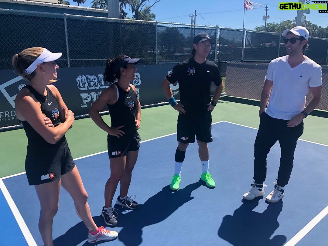 Matthew Lewis Instagram - Practically been on a tour of US based sports teams lately which, if my accountant asks, is for “research”. Here I am explaining to the @orlandosqueezemlp pro pickleball team why I can’t sign for them because tennis elbow is basically the worst injury you can have and I need to rest.