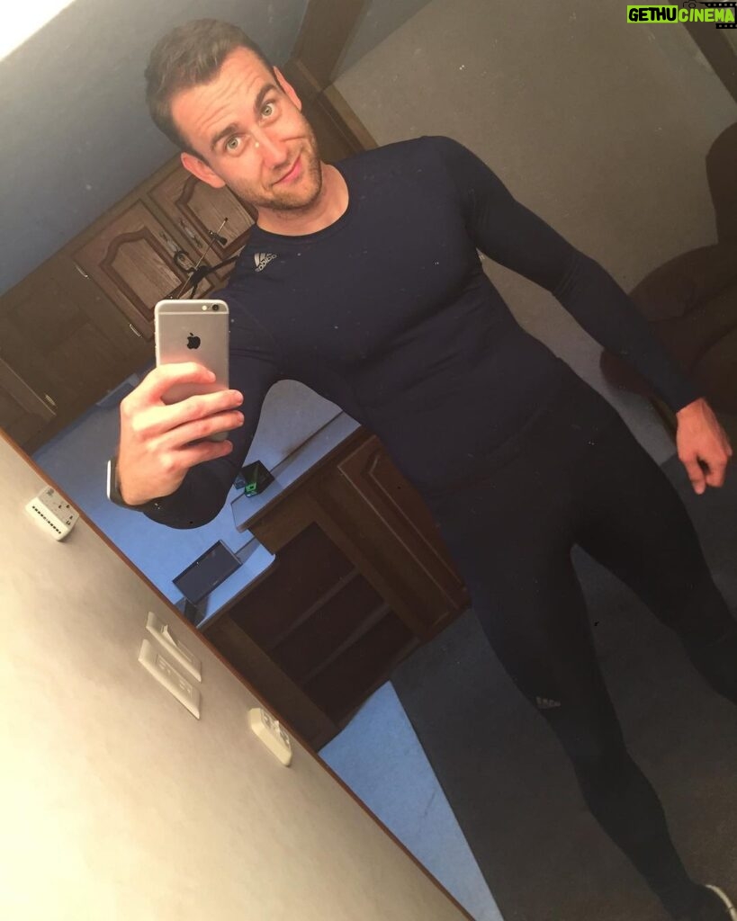 Matthew Lewis Instagram - Inexplicably, it seems my job has called for the full-body Lycra on more than the one occasion. This time in a slightly more flattering colour, at least. Me Before You, 2015. Pinewood Studios