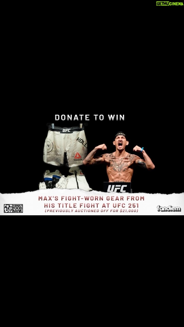 Max Holloway Instagram - 🚨🚨🚨 Donate to the @hawaiifoodbank for a chance to win the Ultimate @ufc Fight Experience with me including fight-worn gear from my UFC 251 title fight, two premium seats to a future U.S. based-fight of mine, round trip travel for two + two-night hotel stay, a one-on-one meet & greet, two tickets to attend ceremonial weigh-ins and more... 🥊 Donate and learn more about runner up prizes as well as bonuses at fandiem.com/ufc 🤙🏻 And remember you can always donate directly to @hawaiifoodbank #winwithfandiem