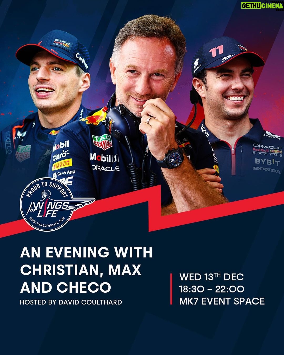Max Verstappen Instagram - We are experiencing a sensational year, which Iโm very proud to be a part of ๐ To celebrate this, you can join me, Checo & Christian for an evening @redbullracing as we look back at an incredible season and share our stories from the F1 paddock, in aid of @wingsforlife When: 13th December Where: Red Bull Technology Campus โ Milton Keynes 100% of profits donated to spinal cord injury charity @wingsforlife