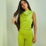 Mayan ElSayed Instagram - Green for @garnierarabia 💚 Big thanks to the amazing team behind this look✨ Photographer: @mahmoudaphotography Stylist: @yasminekenawi Assistant Stylist: @faridahammouda MUA: @rehamkhalifaa Hair: @saeedashraf00_ @alamode.salon Jumpsuit: @safiyaa_official Earrings: @treshermanasjewellery Brooch: @vintagelanejewelry