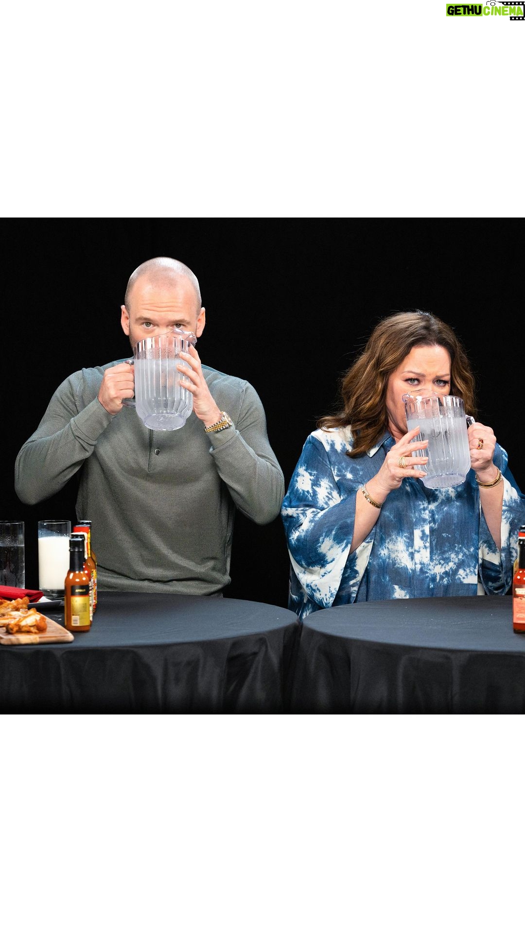 Melissa McCarthy Instagram - I think the old adage goes βI regret nothing!!β However, in this case, I regret every bite. Especially bite #6 and #8 π³ Had such a great time lighting my insides on fire with @seanseaevans on @hotones π₯