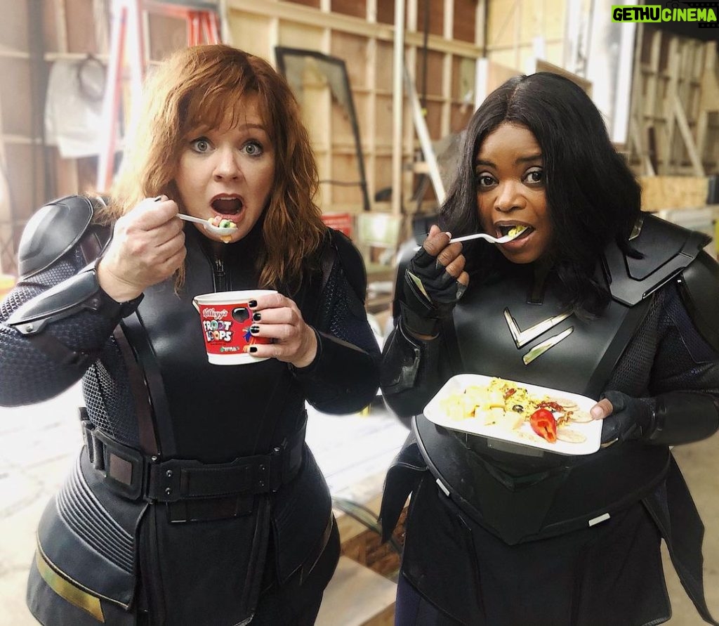 Melissa McCarthy Instagram - If you want to grow big and strong like THUNDER FORCE, make sure to eat your shrimp and cereal 🍤🥣 (We saw the Cinnamon Toast shrimp saga and felt like this photo was right 😂) Thunder Force is on @netflix April 9th ⚡