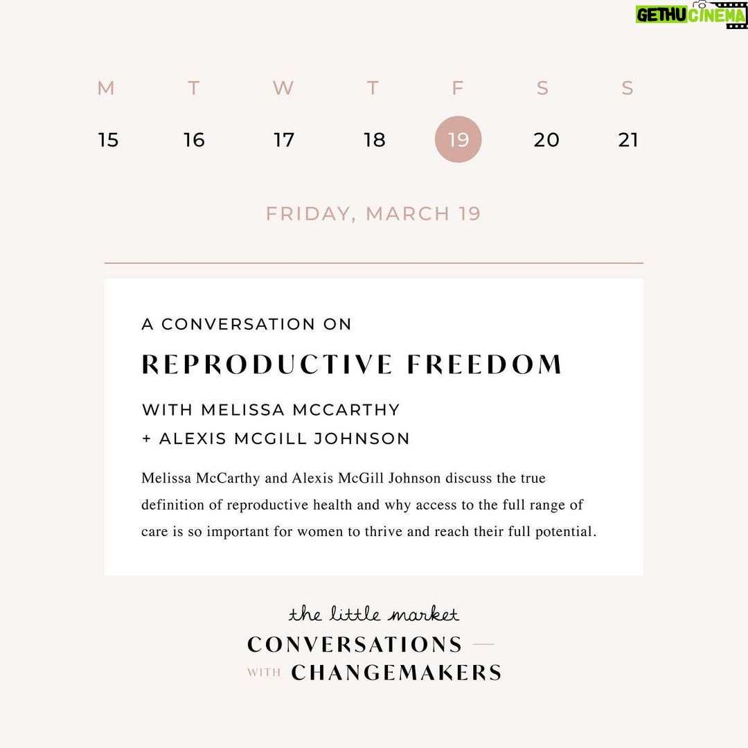 Melissa McCarthy Instagram - TODAYS THE DAY! Join me and @alexismjpp, the President and CEO of @PlannedParenthood, for an important discussion on the true definition of reproductive health and why access to the full range of care is so important for women to thrive and reach their full potential. As a mom of two daughters, I felt so lucky to be able to chat with Alexis about all of the incredibly inspiring work she is doing ❤️ Tune in March 19th at 12pm PT as part of @TheLittleMarket’s incredible virtual series: #ConversationsWithChangemakers in celebration of International Women’s Day. Register for free at TheLittleMarket.com ⭐️