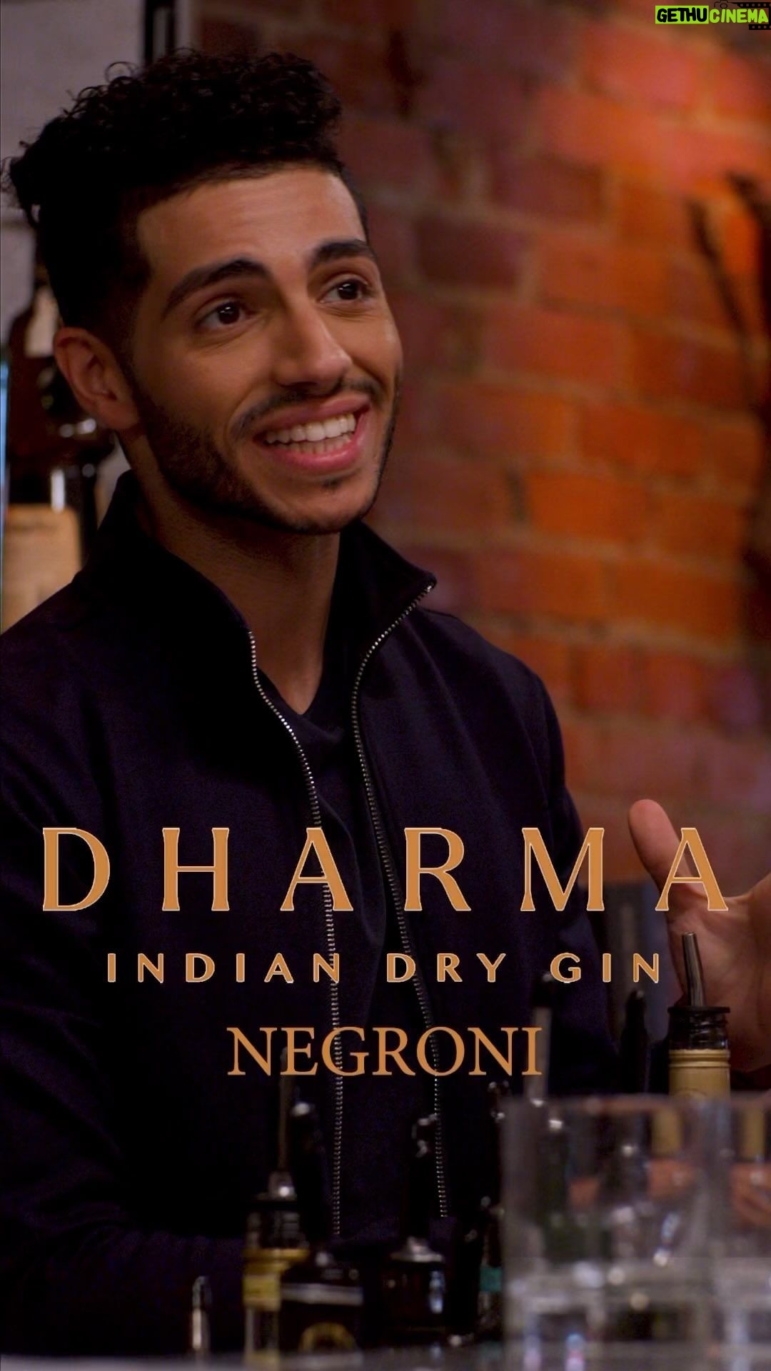 Mena Massoud Instagram - My favorite cocktail with the best gin in the world @dharma.gin - the classic Negroni. 1oz Campari, 1oz Sweet Vermouth, 1oz Dharma Gin. For an extra stiff drink double-up on the gin and add a dried Indian curry leaf 👌🏽
