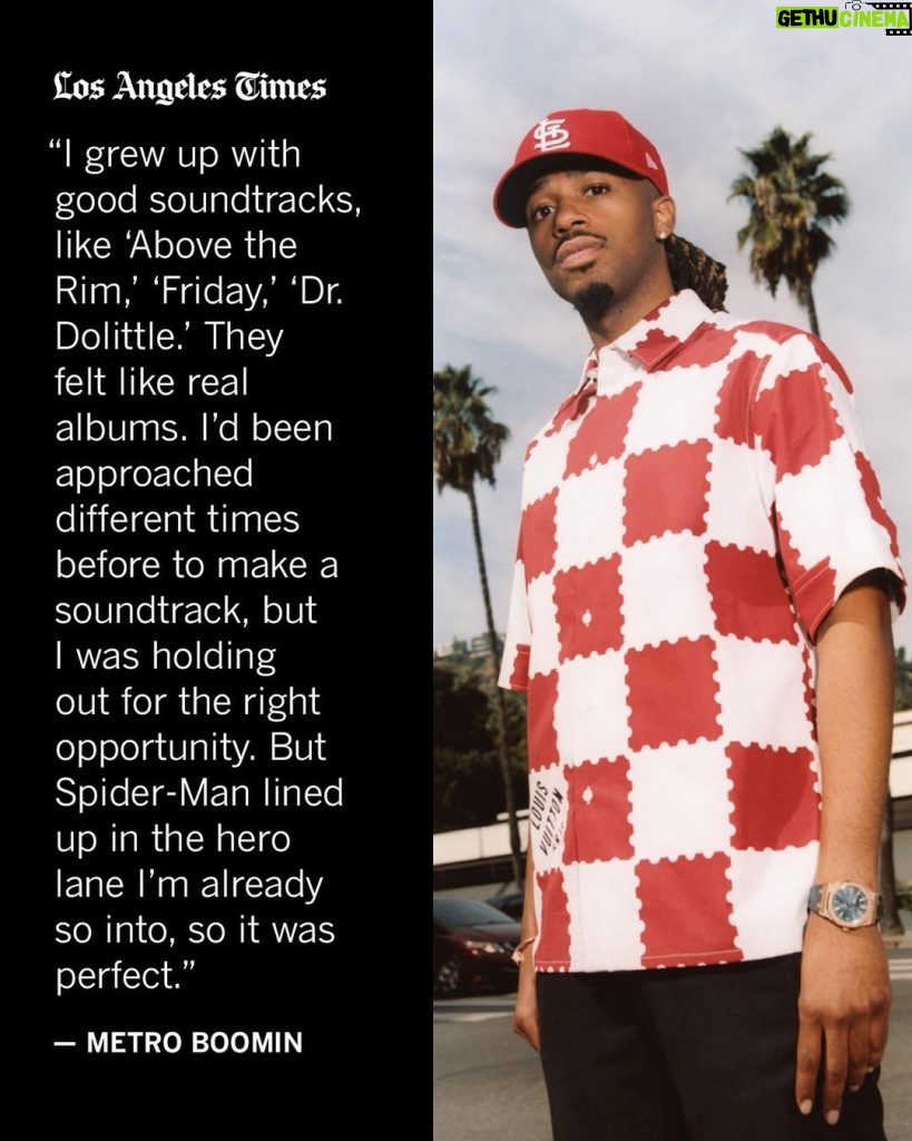 Metro Boomin Instagram - Superheroes shaped the life of @metroboomin, born Leland Tyler Wayne. He fondly remembers family trips with his mother and his four siblings to see the newest Marvel releases as soon as they’d hit the theaters. It’s also a theme that’s framed much of the 30-year-old producer’s robust discography; when he’s not creating chart-topping hits for the likes of Drake, Kanye West and Migos, he’s leaned into the supernatural on his two albums, “Not All Heroes Wear Capes” and “Heroes & Villains,” both of which debuted at No. 1 on the Billboard 200 in 2018 and 2022, respectively. Fresh off the success of “Heroes & Villains,” Sony Pictures called him up to offer what every Marvel-head dreams of: the opportunity to contribute to the studio’s then-upcoming summer blockbuster, the animated sequel “Spider-Man: Across the Spider-Verse.” What started as a request for Metro to work on a few songs for the project blossomed into a role as the soundtrack’s executive producer — along with a cameo role voicing his own character in the multiverse, the Metro Spider. “Even from age 13, I’ve always dreamed about doing a soundtrack, and a score,” he said. @metroboomin sat down with The Times’ @kenandraughorne Get the full story at the link in @latimes_entertainment’s bio. 📸 @_carlosjaramillo_ #spiderman #acrossthespiderverse