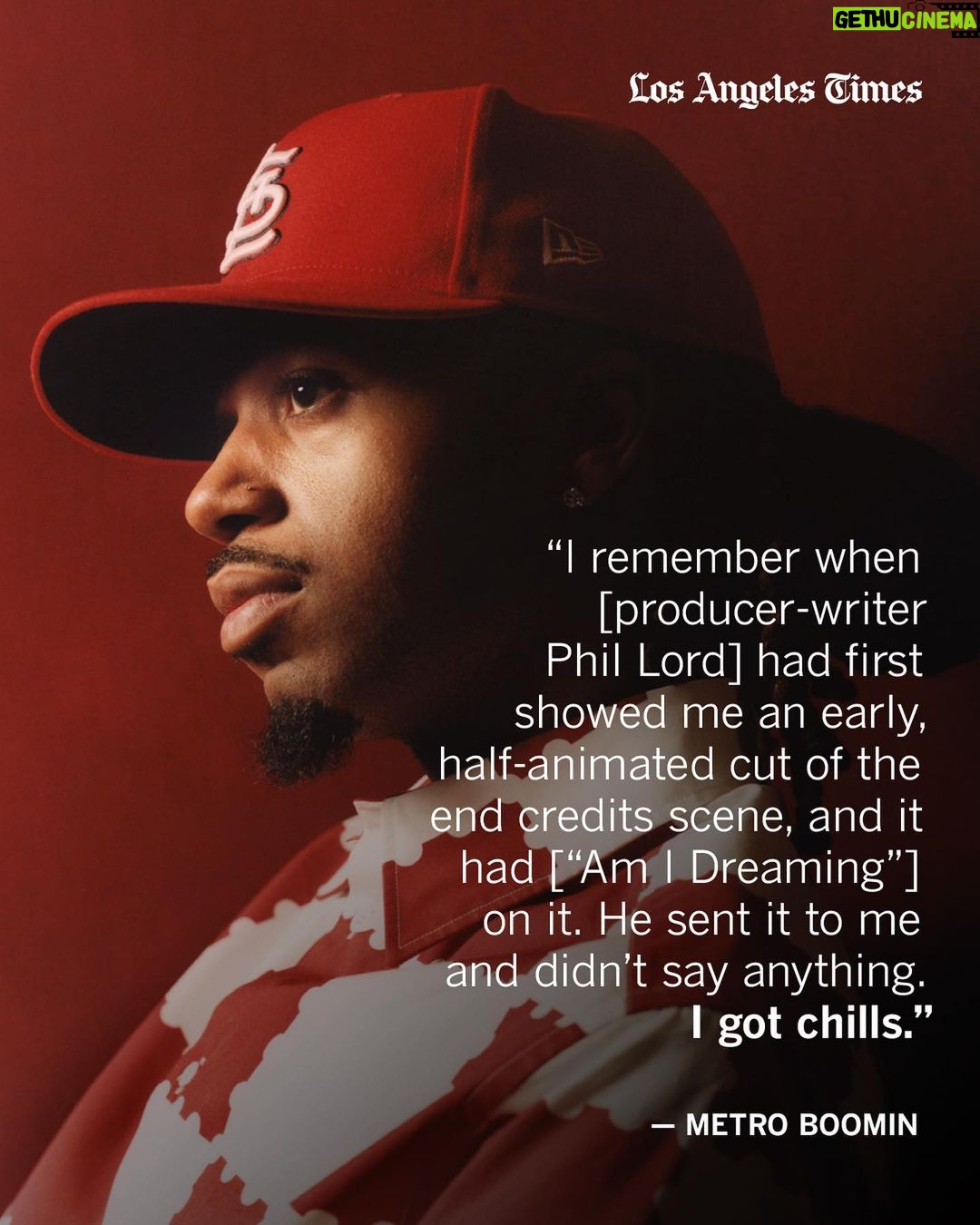 Metro Boomin Instagram - Superheroes shaped the life of @metroboomin, born Leland Tyler Wayne. He fondly remembers family trips with his mother and his four siblings to see the newest Marvel releases as soon as they’d hit the theaters. It’s also a theme that’s framed much of the 30-year-old producer’s robust discography; when he’s not creating chart-topping hits for the likes of Drake, Kanye West and Migos, he’s leaned into the supernatural on his two albums, “Not All Heroes Wear Capes” and “Heroes & Villains,” both of which debuted at No. 1 on the Billboard 200 in 2018 and 2022, respectively. Fresh off the success of “Heroes & Villains,” Sony Pictures called him up to offer what every Marvel-head dreams of: the opportunity to contribute to the studio’s then-upcoming summer blockbuster, the animated sequel “Spider-Man: Across the Spider-Verse.” What started as a request for Metro to work on a few songs for the project blossomed into a role as the soundtrack’s executive producer — along with a cameo role voicing his own character in the multiverse, the Metro Spider. “Even from age 13, I’ve always dreamed about doing a soundtrack, and a score,” he said. @metroboomin sat down with The Times’ @kenandraughorne Get the full story at the link in @latimes_entertainment’s bio. 📸 @_carlosjaramillo_ #spiderman #acrossthespiderverse