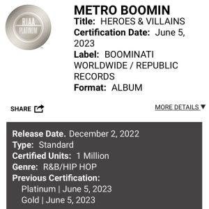 Metro Boomin Instagram - Mood: when you find out Heroes & Villains just went platinum.
#crossovereventofthesummer 💿😎🤝🏾🕷️