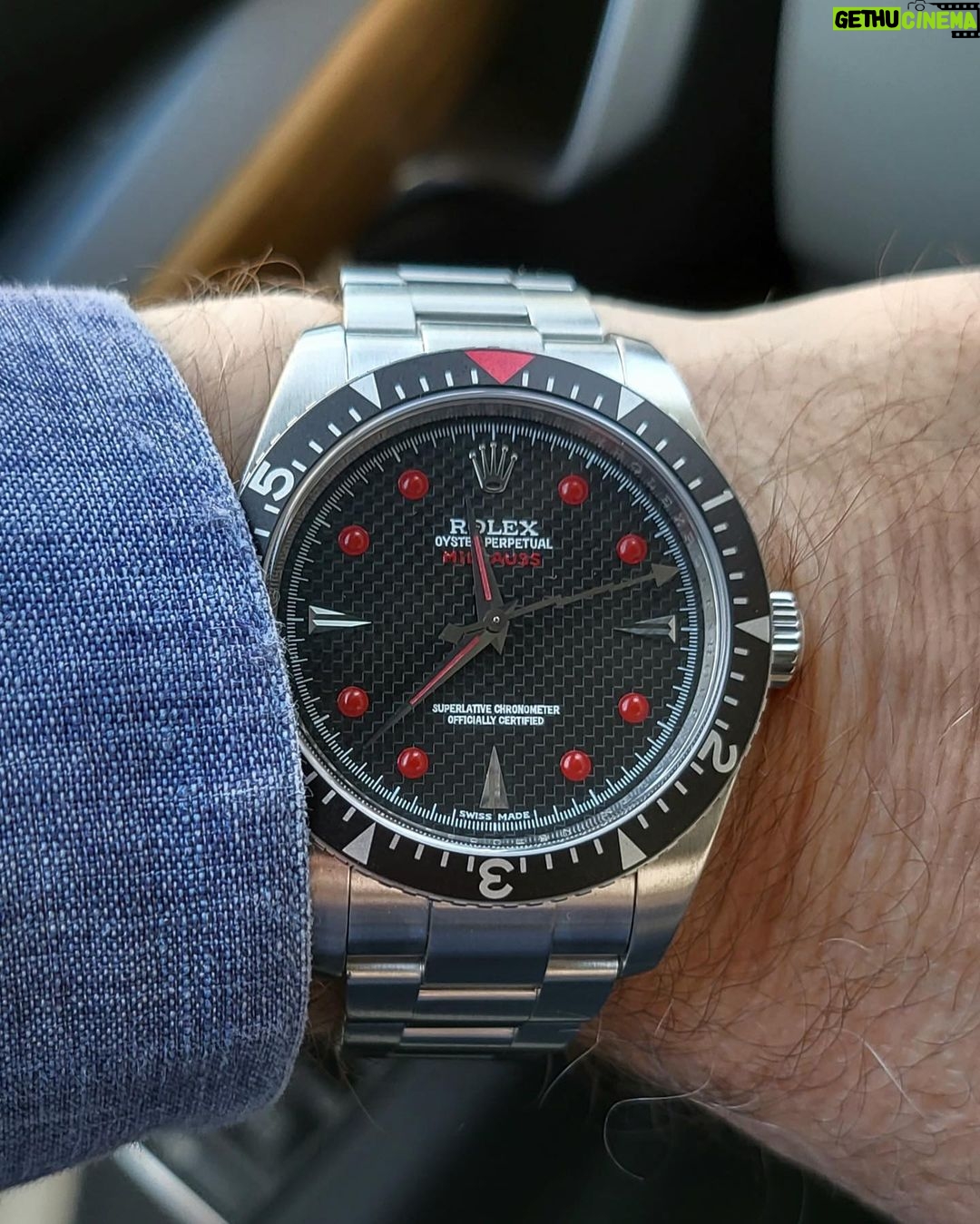 Michael Blakey Instagram - Timepiece Thursday ! Check out this very unique creation from @artisansdegeneve A Rolex Milgauss belonging to one of their clients was completely reinvented featuring a waffle dial and red lume. Your imagination can be turned into reality … ~~~~~~~~~~ In it to win it ! ~~~~~~~~~~ Personalized by Artisans de Genève, which is not affiliated or authorized by ROLEX SA. A customization option available solely for private individuals who own a Rolex and only for their private use.