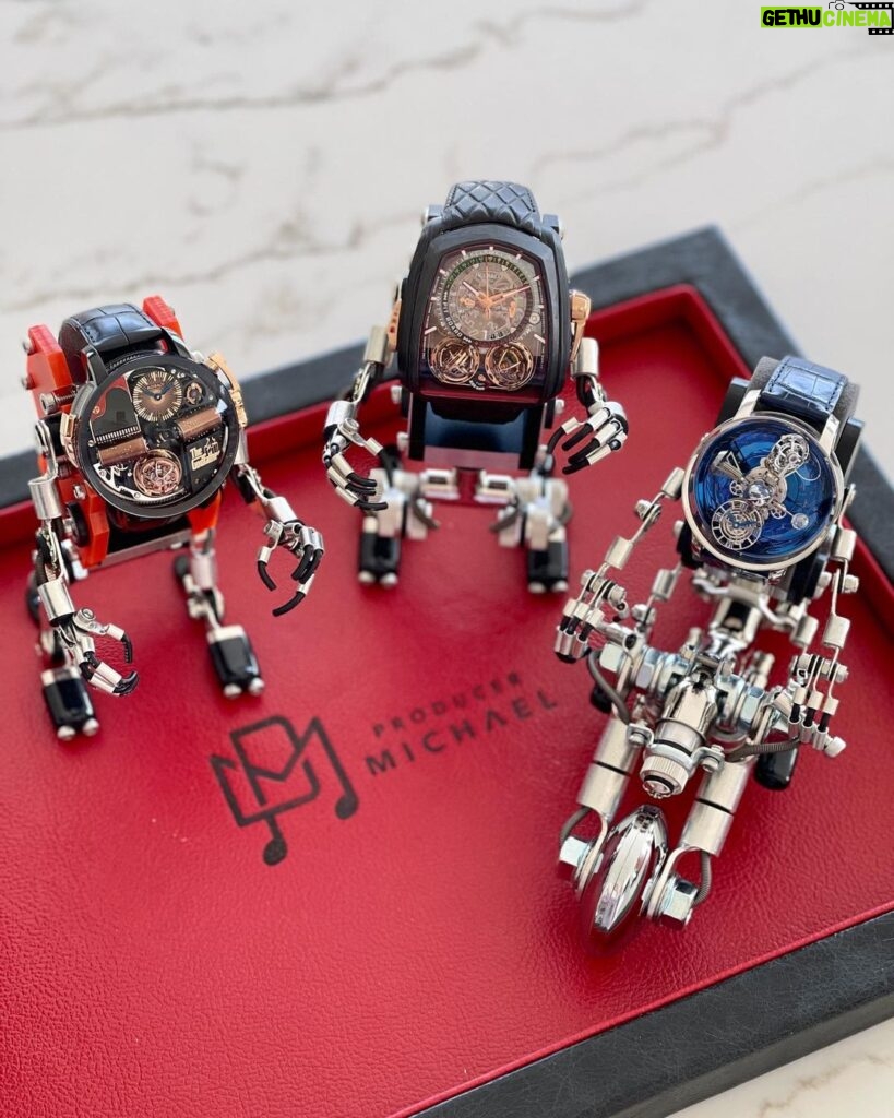 Michael Blakey Instagram - Motivational Monday ! Which one of these amazing @jacobandco works of art would you choose? How about these Robotoy watch stands I just got from @iflwatches , and thanks to @racetag76 for the beautiful tray… ~~~~~~~~~~ In it to win it ! ~~~~~~~~~~ Beverly Hills, California