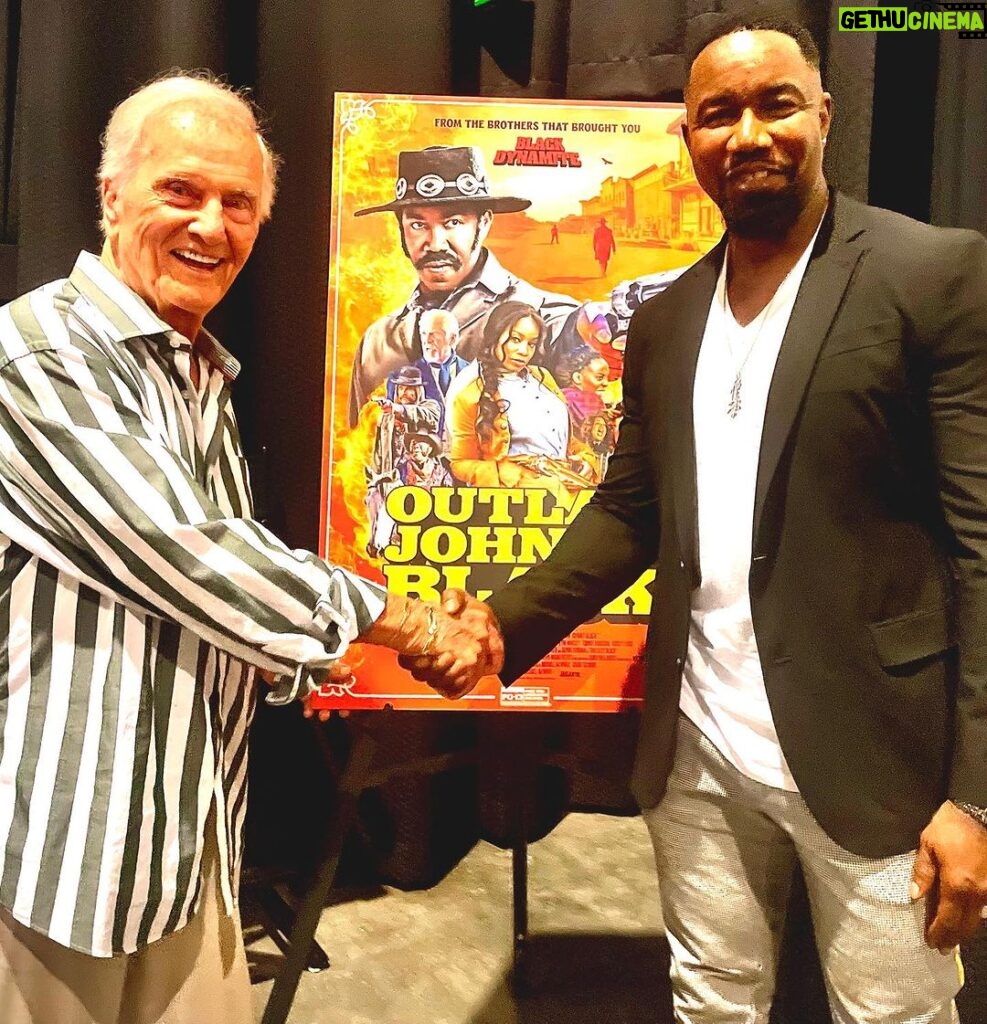 Michael Jai White Instagram - The legendary Pat Boone graced us with his presence at last night’s screening of #outlawjohnnyblack. He said he loved the movie and praised its message of faith and forgiveness amid the comedy and action. We talked at length about a needed return to morality in entertainment as well as our plans to work together in the future. I made this movie for everyone and I’m glad it speaks to every generation. #outlawjohnnyblack #outtoday #intheaters #patboone #michaeljaiwhite #faith #faithbased #western #comedy #action #weareallinthistogether