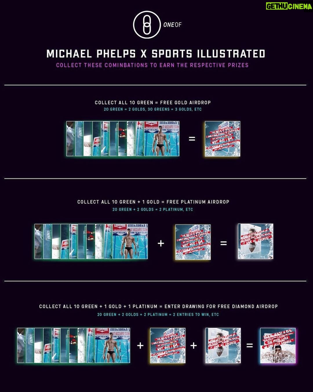 Michael Phelps Instagram - Guess what we’re extending our @sportsillustrated x @m_phelps00 Collection until December 23rd and gamifying it 😉, here’s what you need to know ⬇️ - Collect All 10 Green & get 1 Free Gold Airdrop! - Collect All 10 Green & 1 Gold & get 1 Free Platinum Airdrop - Collect All 10 Green + 1 Gold + 1 Platinum & Go into drawing for free Diamond airdrop