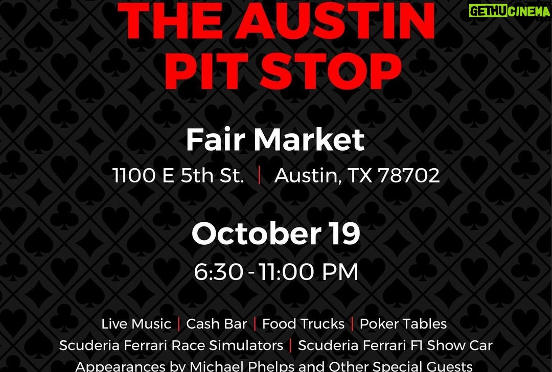 Michael Phelps Instagram - Kick off race weekend with me and the team at @global.poker on Thursday night at the Austin Pit Stop at @fairmarketatx. There will be live poker (you know I’ll be playing) and you can check out the awesome @scuderiaferrari show car display. They’ll have some cool prizes up for grabs in the live poker game including signed Global Poker merch and an incredible Scuderia Ferrari hospitality experience for this weekend in Austin! Check out details and register at www.globalpoker.com/austin, spots are limited – free to the public but must RSVP! #GLOBALPOKER #MPHELPSGP #GPCelebChallenge #sponsored