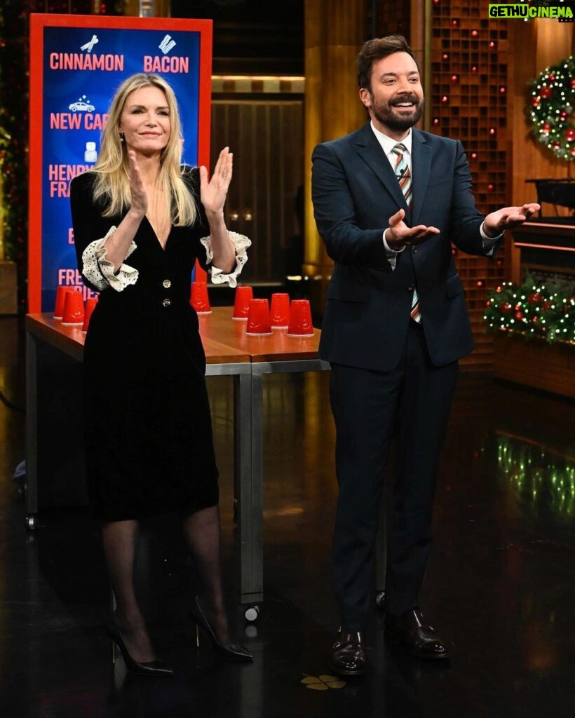 Michelle Pfeiffer Instagram - Chatting about @henryrose and laughing along with @jimmyfallon is a hell of a way to spend a Wednesday evening! Thanks for having me, @fallontonight ❤️ Check out the episode tonight. Hair by: Me Makeup by: Me Styled by: Me Dress: @ysl Shoes: @sarahflint_nyc Photos: Todd Owyoung/NBC @toddowyoung #FallonTonight