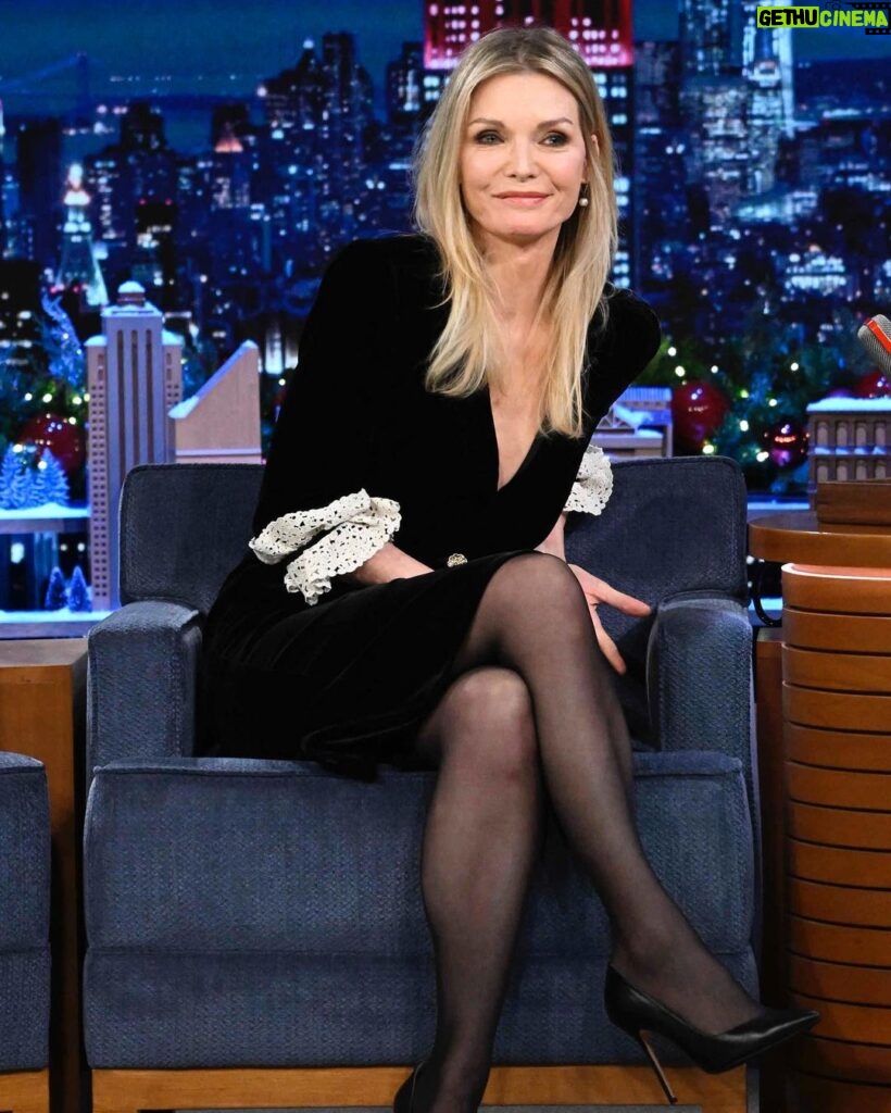 Michelle Pfeiffer Instagram - Chatting about @henryrose and laughing along with @jimmyfallon is a hell of a way to spend a Wednesday evening! Thanks for having me, @fallontonight ❤️ Check out the episode tonight. Hair by: Me Makeup by: Me Styled by: Me Dress: @ysl Shoes: @sarahflint_nyc Photos: Todd Owyoung/NBC @toddowyoung #FallonTonight