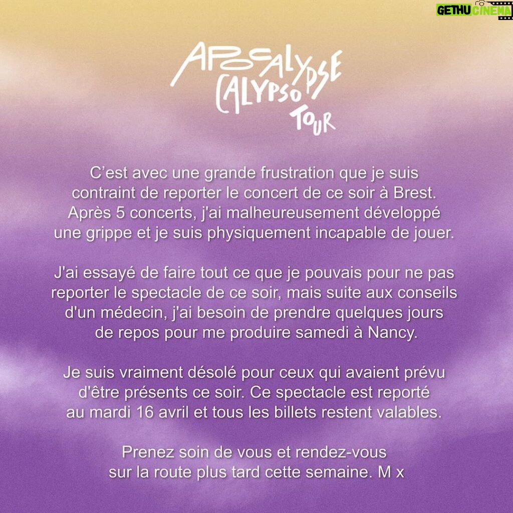 Mika Instagram - Annonce importante à propos du concert de ce soir à Brest ! Important announcement about the concert tonight in Brest. #apocalypsecalypso #tour #brest