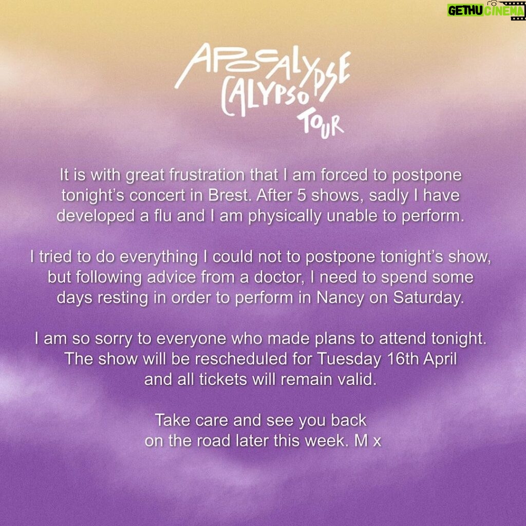 Mika Instagram - Annonce importante à propos du concert de ce soir à Brest ! Important announcement about the concert tonight in Brest. #apocalypsecalypso #tour #brest