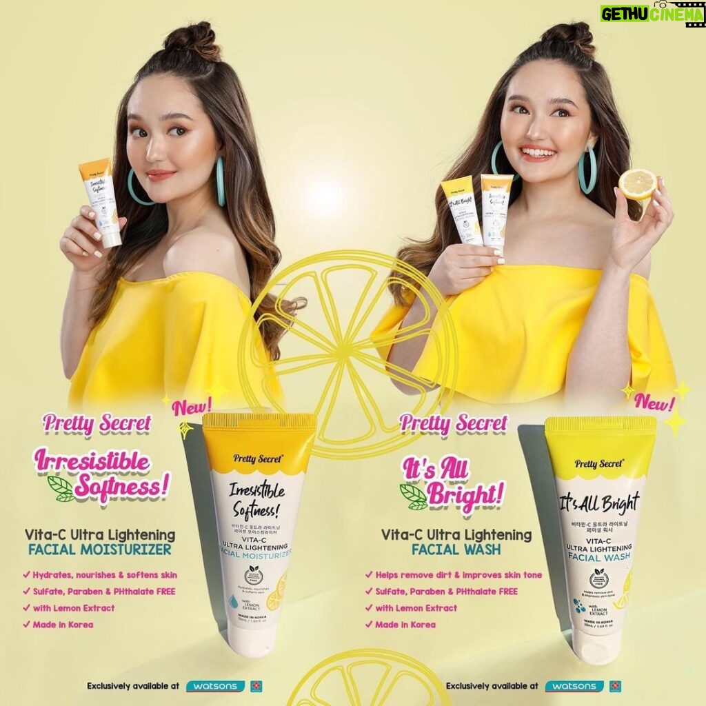 Mika Dela Cruz Instagram - I’m feeling lemon-y 🤩 Dull skin no more!! Brighten and unlock your glow from within with NEW Pretty Secret Irresistible Softness Vita-C Facial Moisturizer and Pretty Secret It's All Bright Vita-C Facial Wash! 😍 Both infused with Lemon extracts that will help even out your skin tone while keeping your skin well moisturized 🍋 Get yours for only P149.00! Check out our e-catalogue: 📱 https://bit.ly/PrettySecretProductCatalogue AVAILABLE AT WATSONS STORES NATIONWIDE ✨😚 Shop now at Watsons Online: 🛒 https://bit.ly/PrettySecretAtWatsonsLazada 🛒 https://bit.ly/PrettySecretAtWatsonsShopee 🛒 https://bit.ly/PrettySecretWatsons #PrettySecret #WatsonsPH