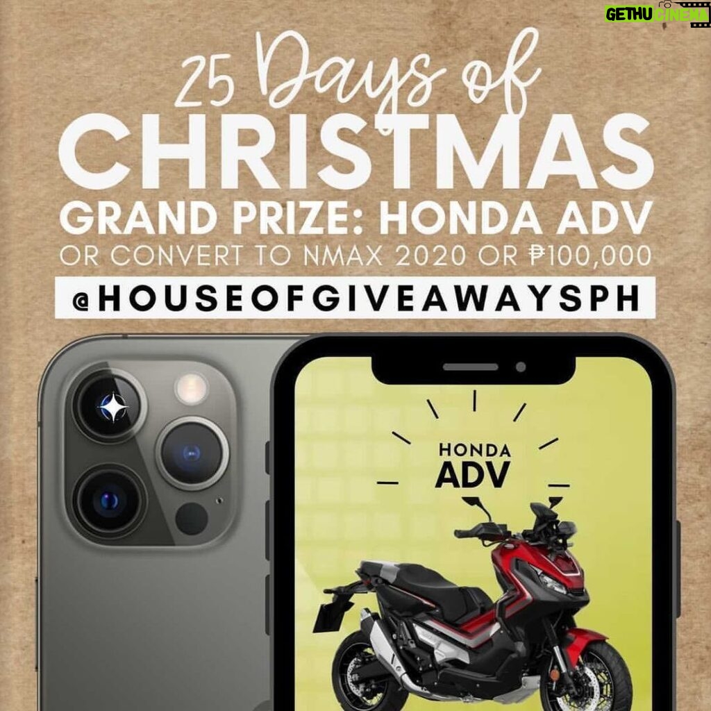 Mika Dela Cruz Instagram - Surprise! In partnership with @houseofgiveawaysph, we give you this major Christmas giveaway! Get a chance to win a brand new HONDA ADV, which you may also convert into a NMAX 2020 or Php 100,000 cash. It’s absolutely free to join! Are you ready? To join, follow these steps: ⠀ 1️⃣ FoIIow @houseofgiveawaysph. ⠀ 2️⃣ FoIIow all the accounts @houseofgiveawaysph is following. ⠀ 3️⃣ Like this photo! ⠀ 4️⃣ Mention a friend on @houseofgiveawaysph’s main giveaway post (1 mention = 1 comment). The more comments you make, the better chance of winning! ⠀ ➖➖🎄➖➖ ⠀ GRAND PRIZES: 1️⃣ Honda ADV, NMAX or 100k 2️⃣ iPhone 12 Pro Max or 70k 3️⃣ iPhone 11 Pro Max or 45k 4️⃣ iPhone 11 or 30k 5️⃣ 15,000 Cash 6️⃣ 10,000 Cash 7️⃣ Plus Consolation Prizes ⠀ ➖➖🎄➖➖ ⠀ This giveaway will end on Dec. 25. Live draw is also on Dec. 25, 6PM via Youtube. Good luck! #houseofgiveawaysph