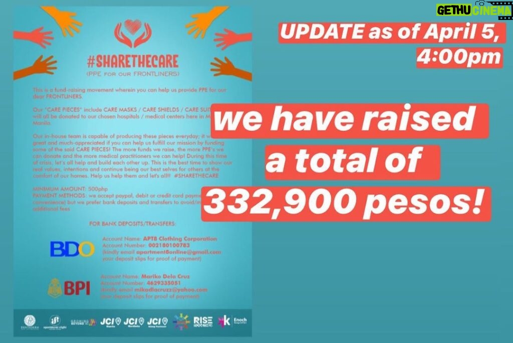 Mika Dela Cruz Instagram - beaming with joy right now! so happy to see everyone come together for a good cause 💖 thank you to each and every one of you who helped us through this fundraising movement! 🥺 to all donors, for giving your share and to all influencers/fellow celebrities for spreading this on social media! in just 5 days, we have already raised a total of 332,900 pesos and we are now processing our care pieces for delivery! 1st batch of ppe suits will be going out soon ✨🥰 will keep you guys updated and if any of you still wanna help and donate, click the link on my bio! THANK YOU SO MUCH!! 🥺🙏🏻 #ShareTheCare 🤍🙌🏻
