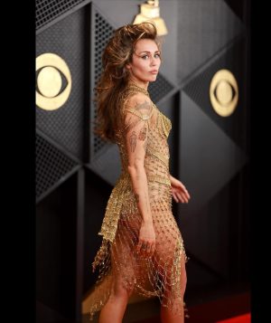 Miley Cyrus Instagram - This dress took 675 hours of artisanal hand crafted work, 14,000 golden safety pins & is adorned with singularly selected French antique beads. Thank you.