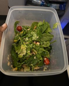 Mindy Kaling Instagram - I eat terribly when I travel and I wanted to change that. So instead of eating randomly (which lets face it is fun too, sometimes), I was like “what if I prepared my meal and brought it with me?”. Then I remembered this one time, maybe like 14 years ago, when I sat next to @jessicabiel on a flight. An hour in, she pulled out this container from her tote bag. It had the most delicious looking homemade salad in it that was definitely a better option than whatever I was eating. I always wanted to ask her what the recipe was! Anyway, my delicious plane salad recipe is: -Cherry tomatoes, halved, sprinkled with salt + pepper -spinach, butter lettuce and romaine (whatever greens I had in the fridge), chopped up -a bunch of asparagus chopped and blanched for like 2 mins -canned wild salmon in water, drained and flaked (I swear it doesn’t stink like tuna!!) -half a can of cannellini beans, rinsed and strained -a sprinkle of goat cheese -an easy dressing made of olive oil, momofuku seasoning salt, honey, salt, pepper, Dijon mustard What’s your plane salad recipe? Or plane sandwich that doesn’t get soggy? Please share them below!