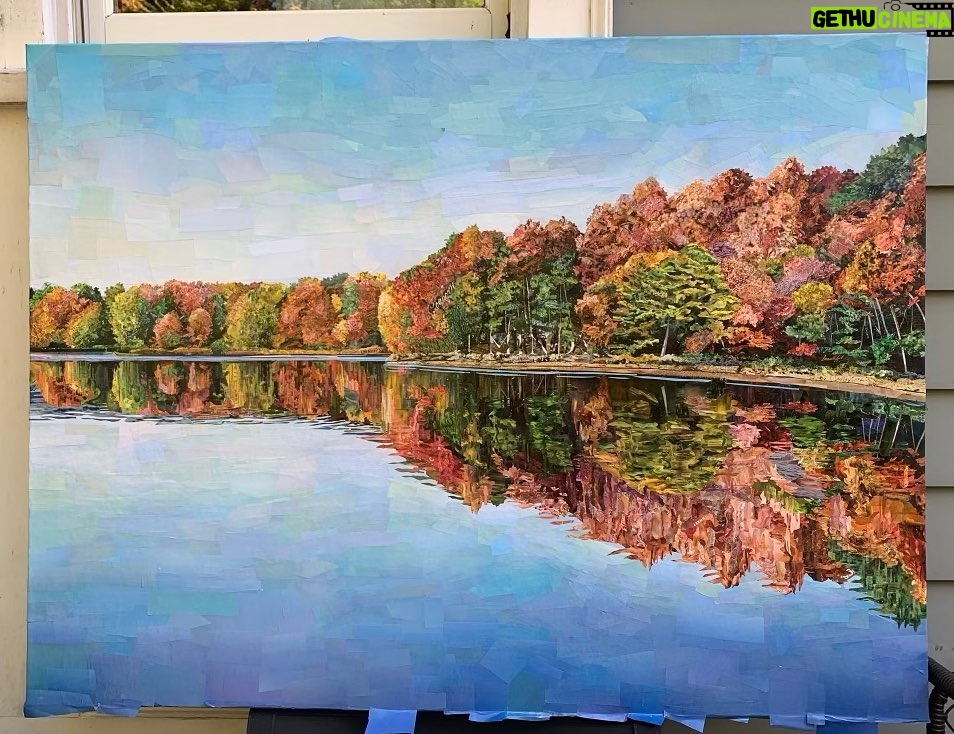 Mindy Kaling Instagram - This time of year I miss New England so much! 🍃🍁🌱Luckily I have this painting by @betsysilvermancollage. TBT: “I first heard about @betsysilvermancollage from my childhood friend (and talented painter @juliaspowellart). Betsy is a Boston-based collage artist whose works are made from recycled magazines. I loved her work and commissioned her interpretation of Walden Pond. It’s such an incredible and unique technique. I hope you check her out and enjoy this as much as I do.”