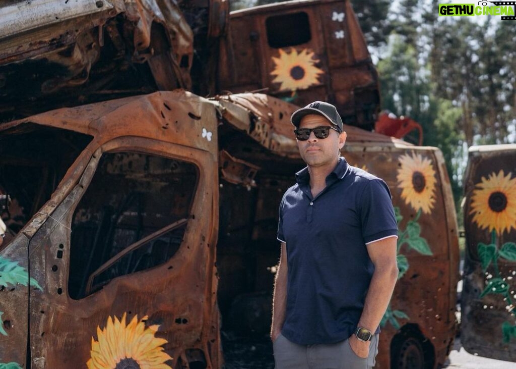 Misha Collins Instagram - Cars destroyed by Russian shelling. Sunflowers are a symbol of hope. https://donorbox.org/collins_demining LINK IN BIO