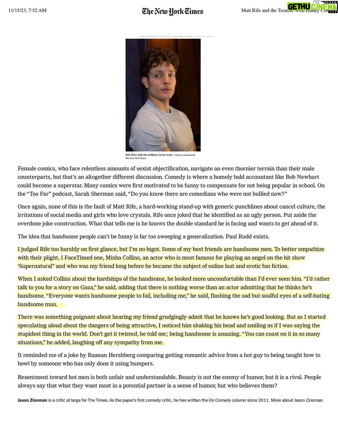 Misha Collins Instagram - Once again, the @nytimes has reduced me to a one-dimensional object. (There was no way to do this interview and NOT come across as an arrogant assbutt.) bit.ly/PrettyFunnyMC LINK IN BIO @zinomanj