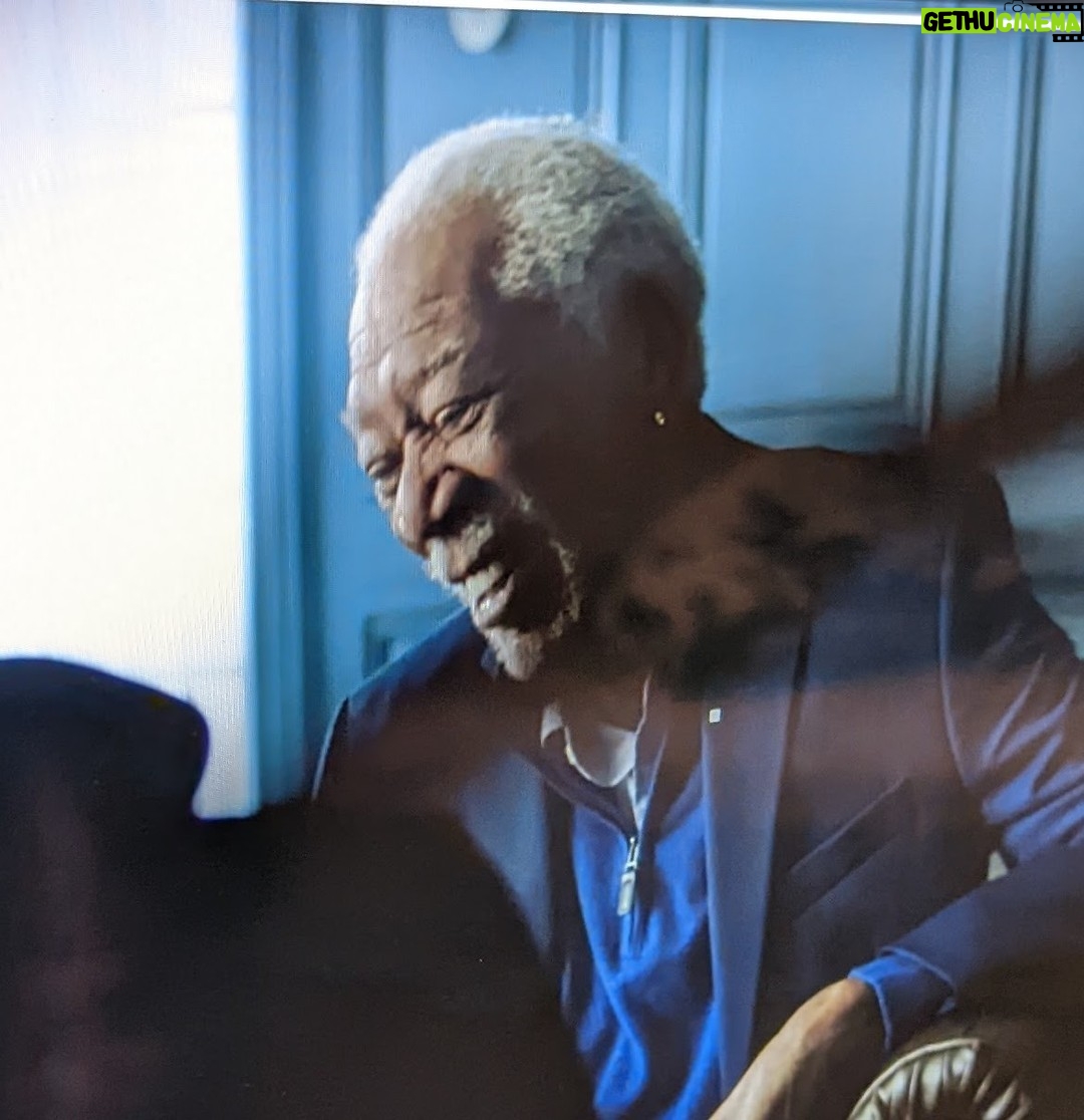 Morgan Freeman Instagram - They say to smile - it makes people wonder what you’re up to…can you guess who’s making me laugh on set? #BehindTheScenes