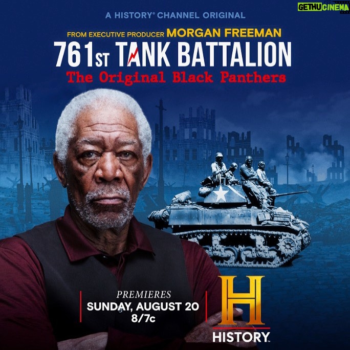 Morgan Freeman Instagram - On August 20th please watch the 761st Tank Battalion on @History to learn more about the original Black Panthers. Our Revelations team lead by James Younger and Kelly Mendelsohn rocked this doc! @LoriMcCreary and I have wanted to tell this story for 20 years… and here we are with the doc… stay tuned for the scripted drama! #761stTankBattalion #TheOriginalBlackPanthers @History