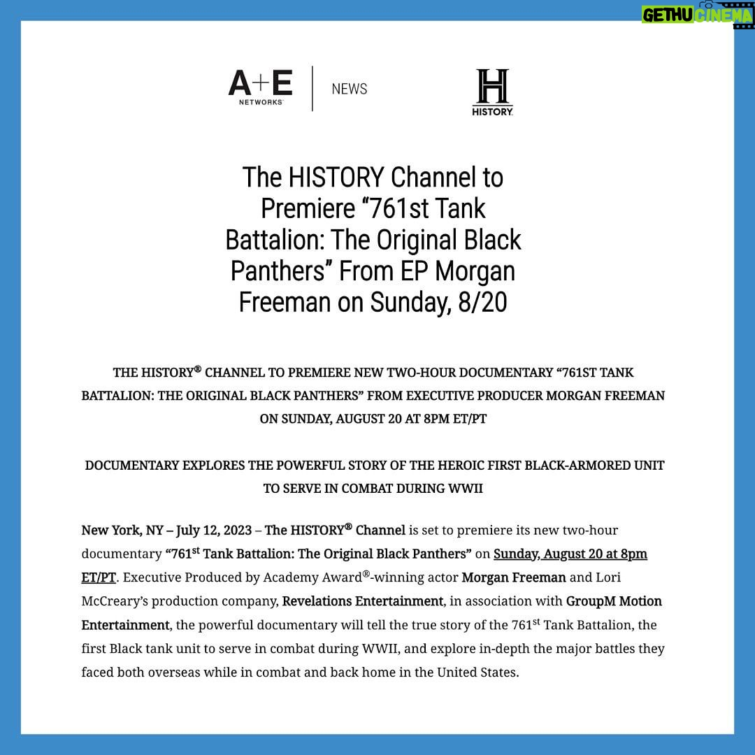 Morgan Freeman Instagram - 761st Tank Battalion: The Original Black Panthers is premiering August 20th on The HISTORY® Channel at 8pm ET/PT. Executive produced by award-winning #RevelationsEntertainment (myself and @MorganFreeman), this powerful documentary tells the true story of the first Black tank unit in combat during WWII, highlighting their battles overseas and the fight against racism back home. #BlackPanthersWWII #DocumentaryPremiere