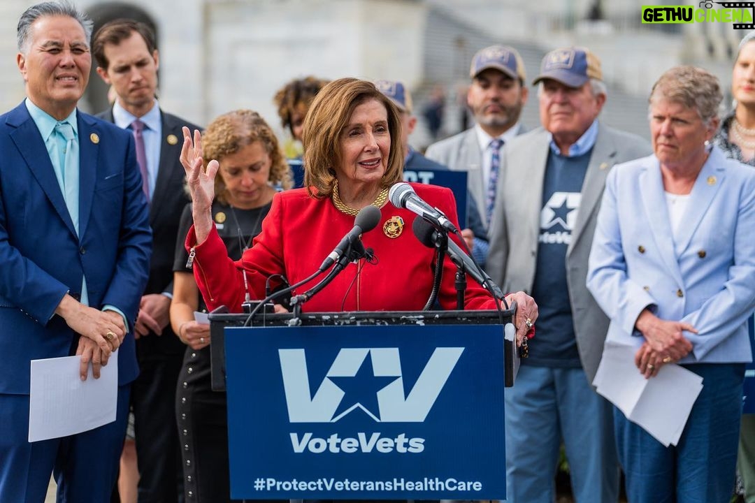 Nancy Pelosi Instagram - Today, I joined Vote Vets to make it clear to Republicans: hands off veterans' health benefits. The Republicans' debt limit bill puts veterans’ health care at risk and jeopardizes their benefits they have earned.