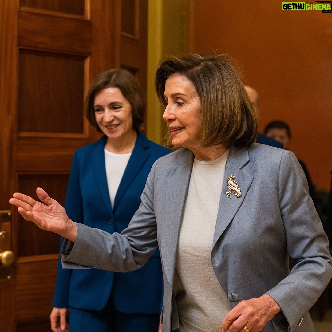 Nancy Pelosi Instagram - It was an honor to meet with the Honorable Maia Sandu, President of the Republic of Moldova today. We discussed the war in Ukraine, Russia's continued aggression, and the imperative to protect democracy and ensure regional energy independence and security.